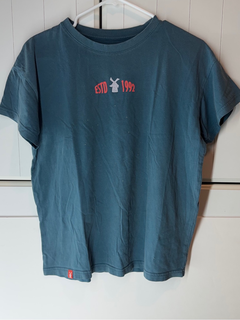 Dutch Bros Coffee ESTD 1992 Teal Blue Windmill Graphic Shirt Small